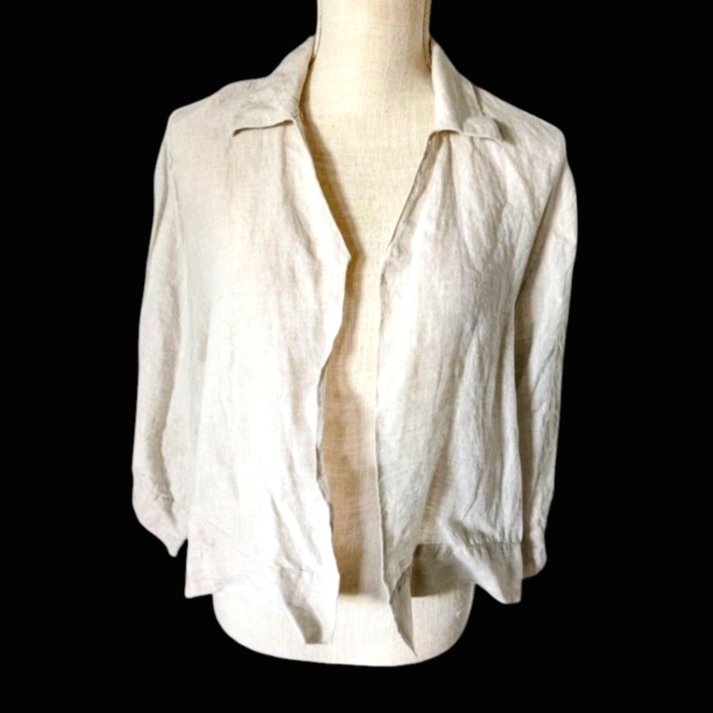 Saks Linen Beige Cardigan Women's L (Runs Sm) Slits Up Sides Open Lightweight